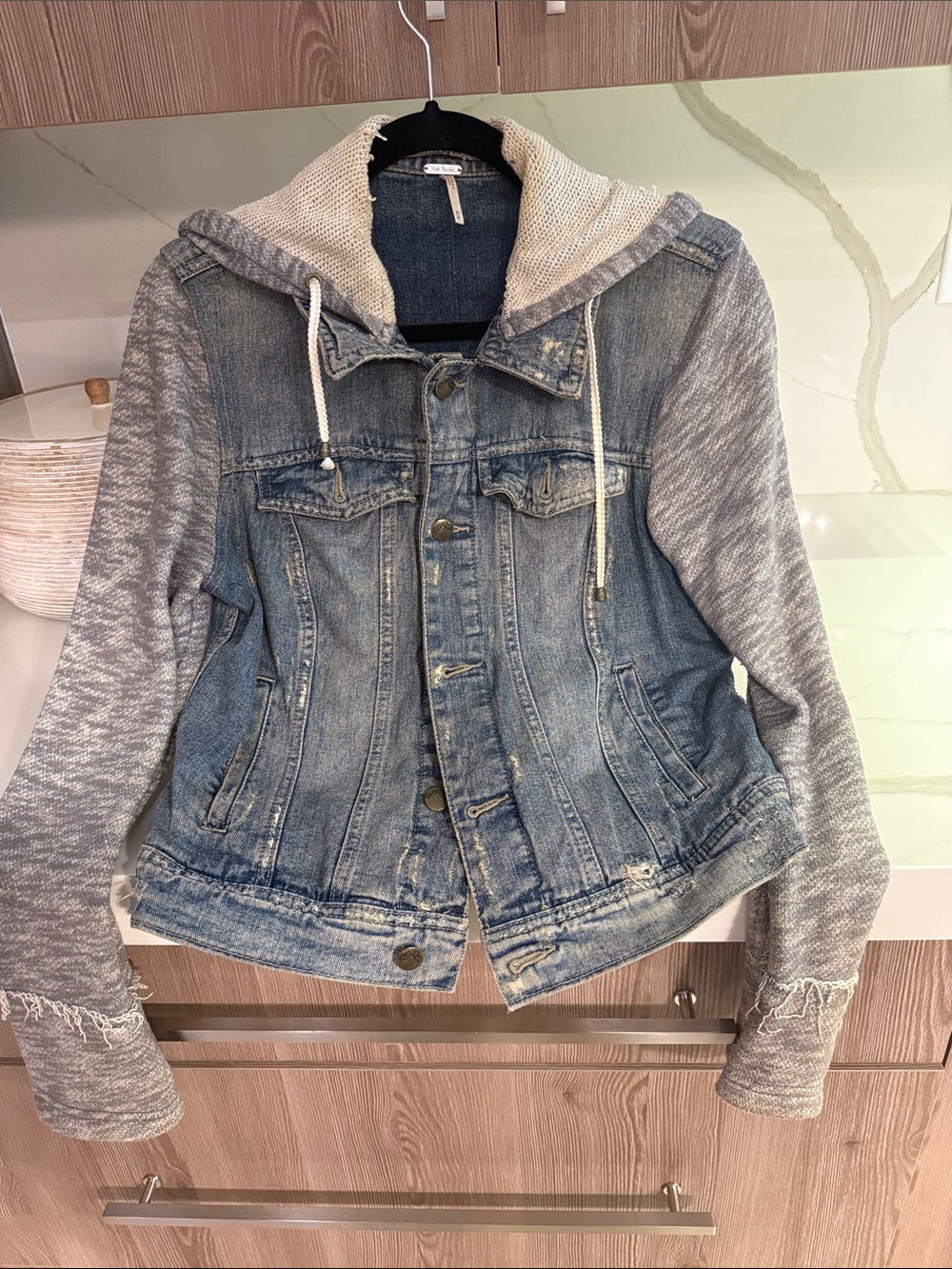 Free People Denim Hooded Jacket with Knit Sleeves - Blue